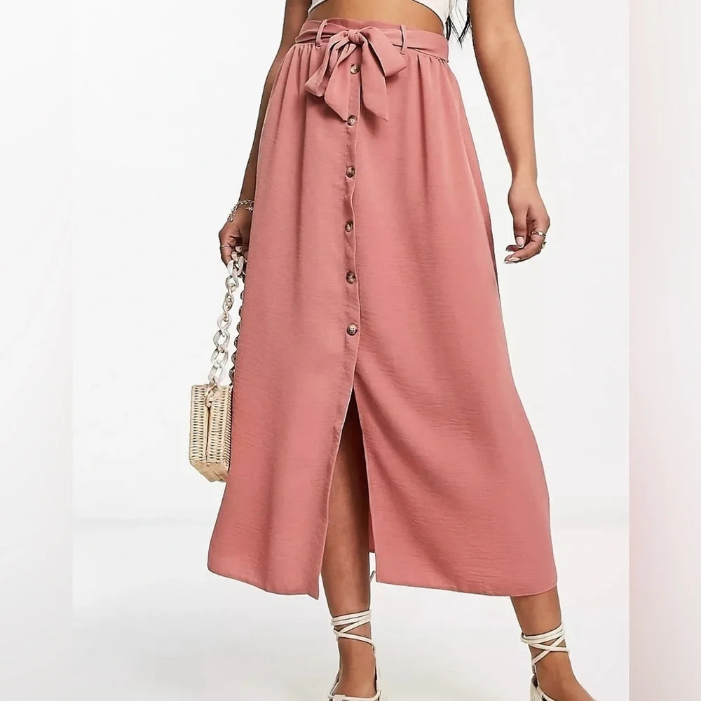 ASOS Pink Midi Skirt with Button Detail